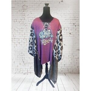 Upcycled handmade Western Tee with leopard print sleeves - One Size boho poncho
